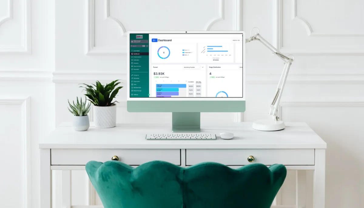 Elegant white desk setup with a green chair and potted plants, featuring a desktop monitor displaying the Soleila.io dashboard with charts and analytics.