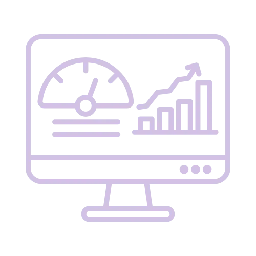 Purple line-art icon of a computer monitor displaying a speedometer gauge and upward-trending bar chart, symbolizing performance tracking, analytics, and growth.