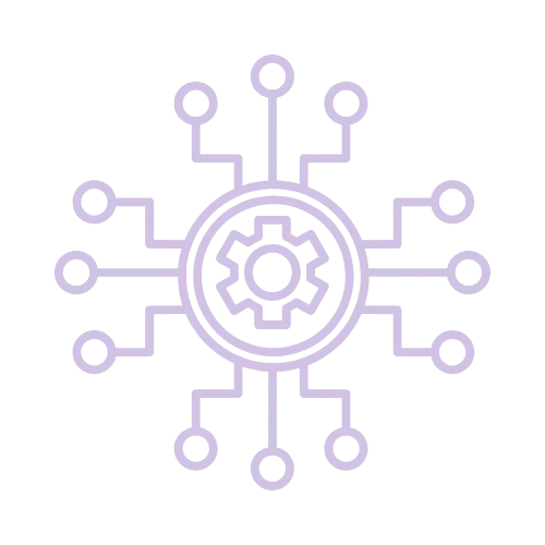 Purple line-art icon of a gear in the center connected to multiple circuit-like nodes, representing automation, AI systems, or interconnected technology.