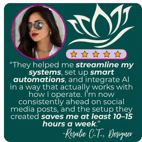 Customer testimonial from Rosalie C.T., Designer, praising Soleila.io for streamlining systems, automations, and AI integration, saving her 10–15 hours weekly. Includes profile photo, five-star rating, and lotus flower logo.