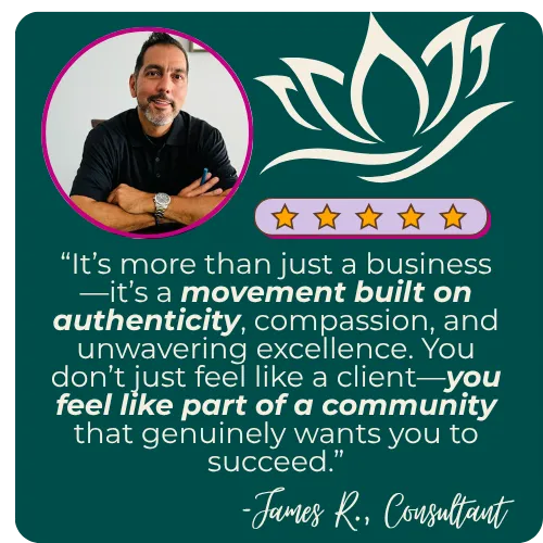 Customer testimonial from James R., Consultant, describing Soleila.io as a movement built on authenticity and community. Includes profile photo, five-star rating, and lotus flower logo.
