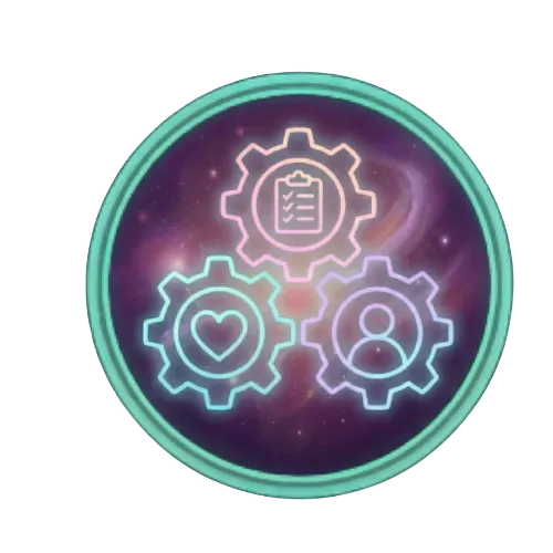 Interlocking gears with icons for values, team, and systems — representing We Thrive Collective’s culture-driven retention, performance frameworks, and operational alignment