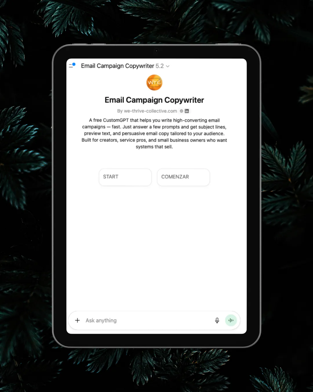 Image of a tablet with the email campaign copywriter GPT on the screen