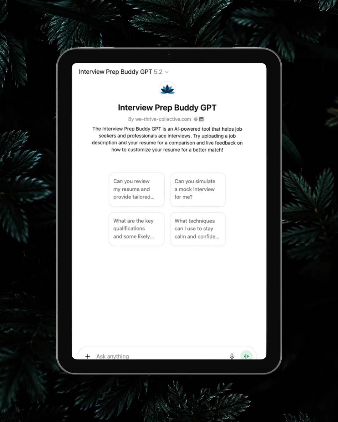 Image of a tablet that has the Interview Prep Buddy GPT on the screen