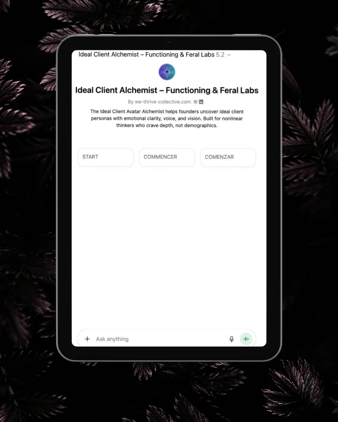 Image of a tablet with the Ideal Client Avatar Alchemist GPT on the screen
