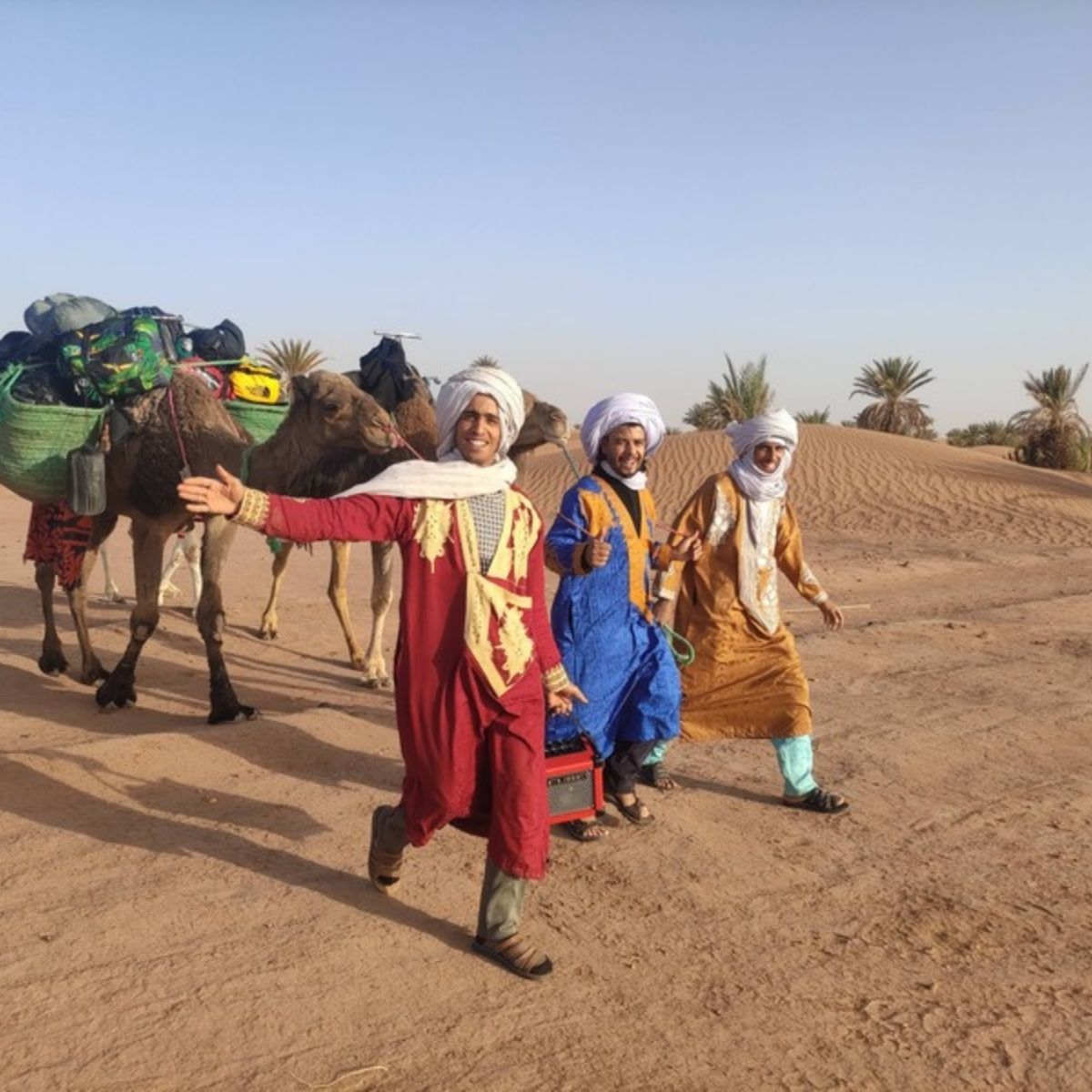Lokale Guides mit Dromedaren in der Sahara, Marokko