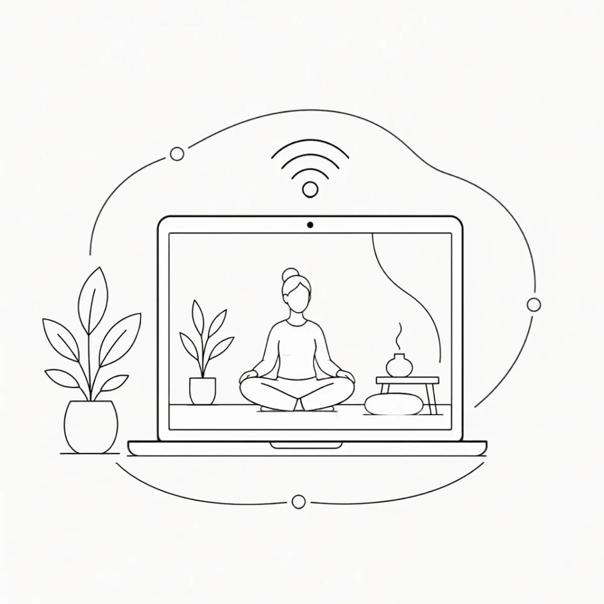 Illustration: Person meditiert vor dem Laptop – Online Yoga und Meditation von zu Hause