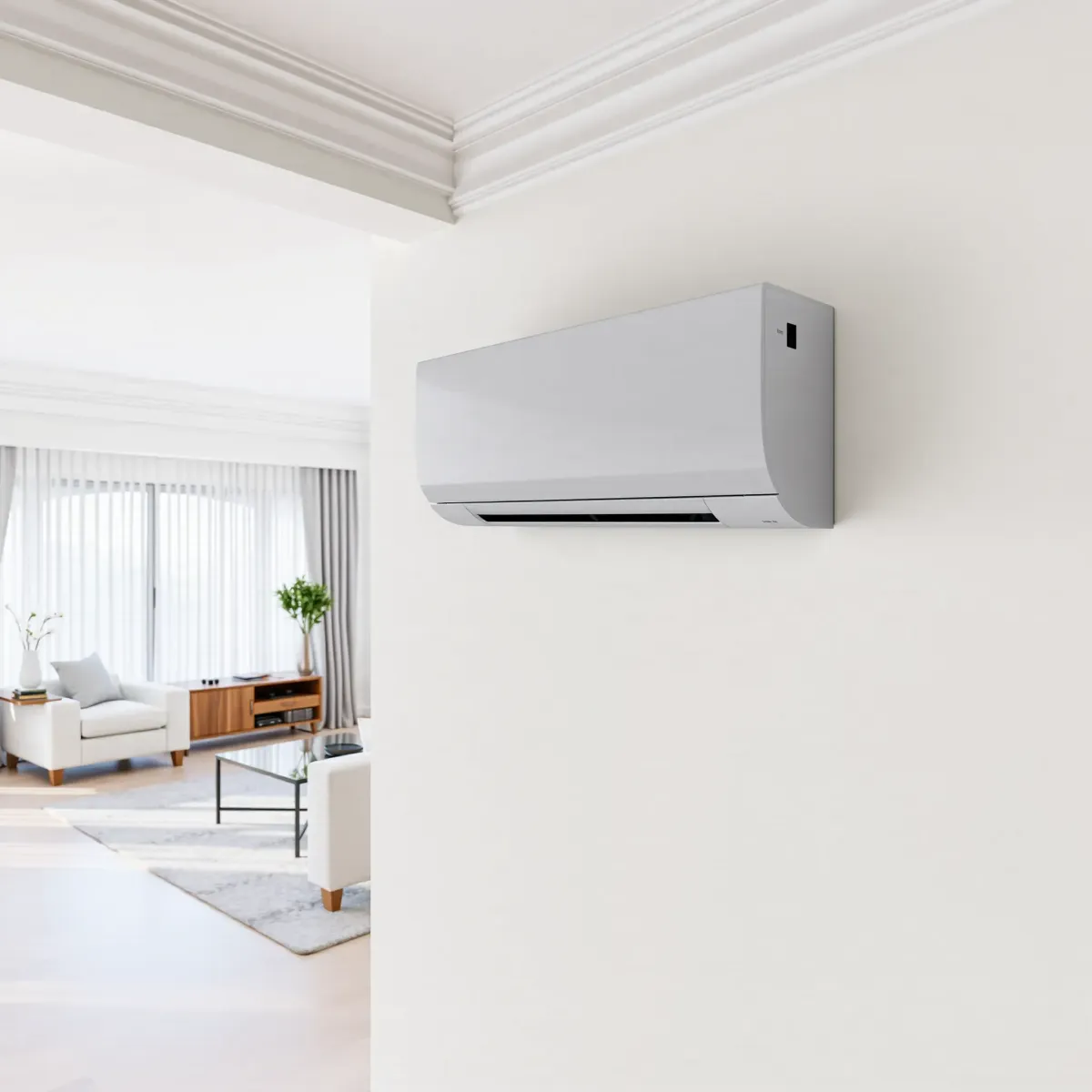 Modern ductless air conditioning unit installed on a light-colored wall in a stylish living room with natural daylight.
