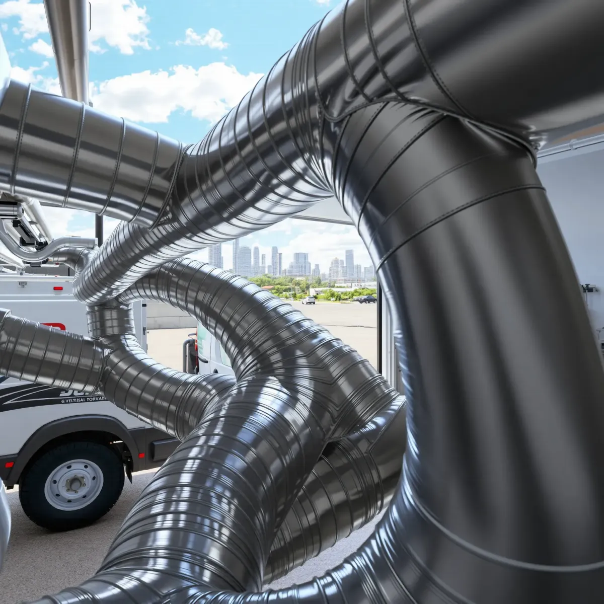 Beautifully installed metallic air ducts in a professional industrial setting near Weatherford, TX, showcasing expert craftsmanship.