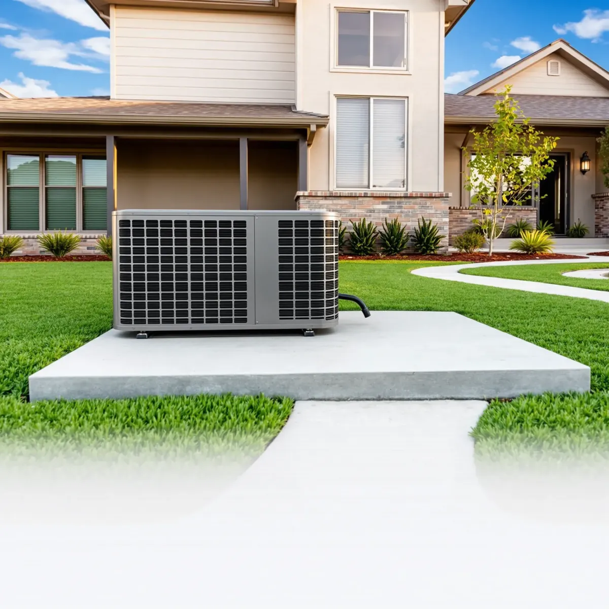 Modern outdoor heat pump system in Weatherford, TX, with landscaped surroundings and a contemporary home.
