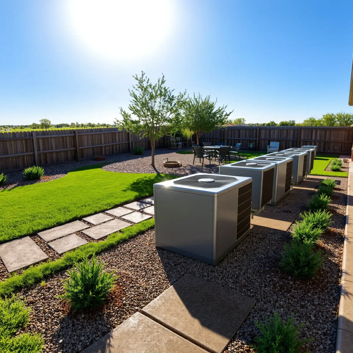 Row of sleek, modern heat pumps installed outdoors in a tidy Texas backyard with lush grass, shrubs, and gravel paths.