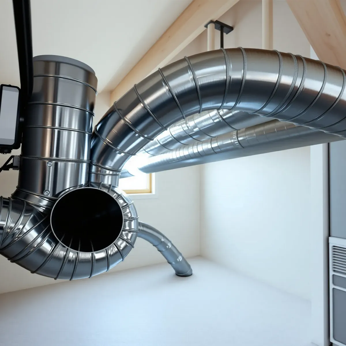 Detailed image of a freshly cleaned, professionally installed metal air duct system in a tidy, well-lit utility space.