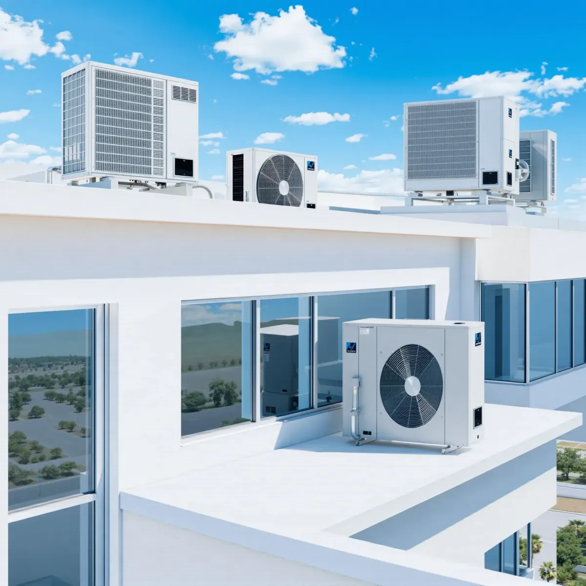 Completed commercial HVAC installation on a Weatherford, TX building rooftop, showcasing sleek, professional air conditioning units.