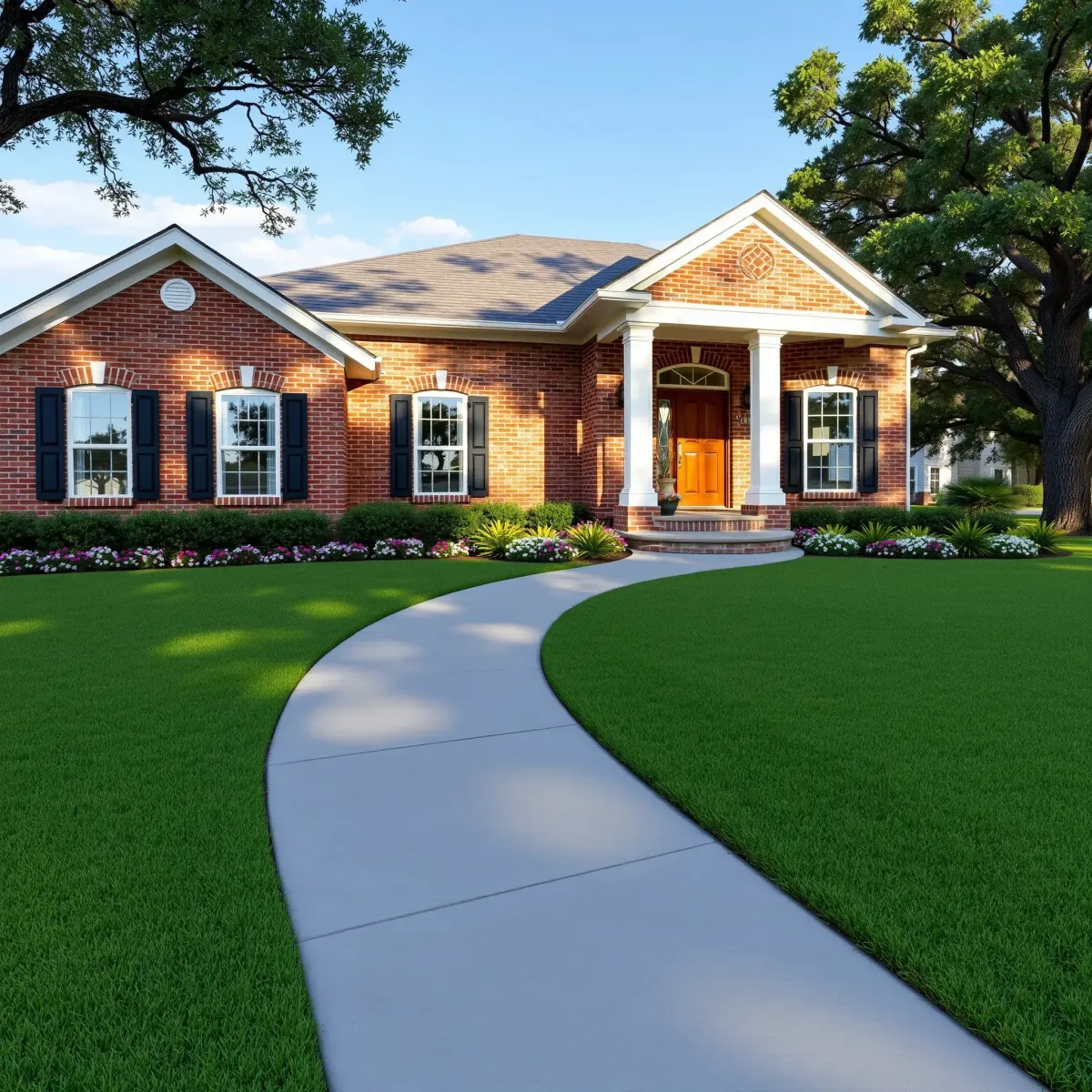 Elegant brick home in Weatherford, TX with lush yard, blooming plants, classic porch, and mature oak trees.