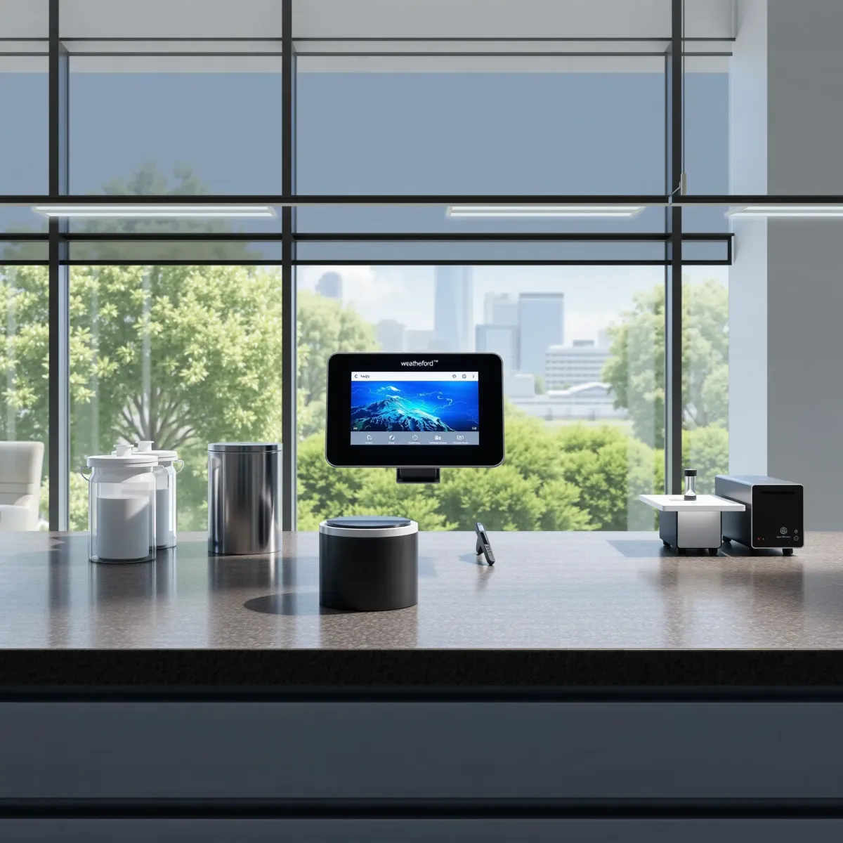 Indoor air quality testing station in Weatherford, TX with high-tech monitor, sampling tools, modern office setting, sunny view.