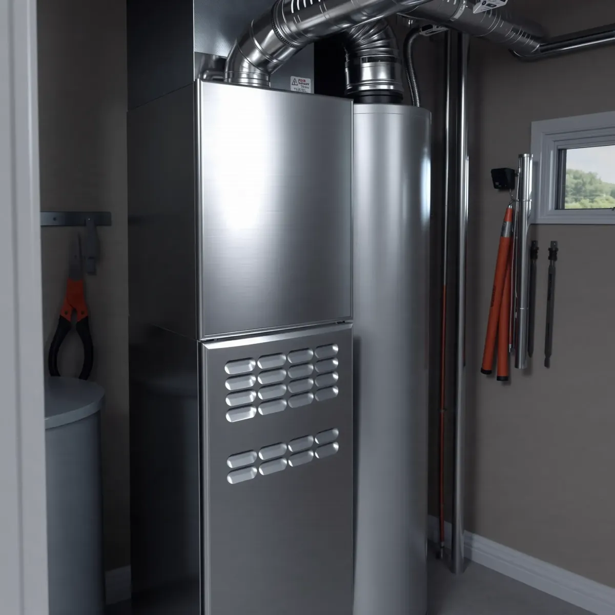Final stage of professionally serviced furnace in a clean, organized mechanical room with polished metal surfaces and tools.
