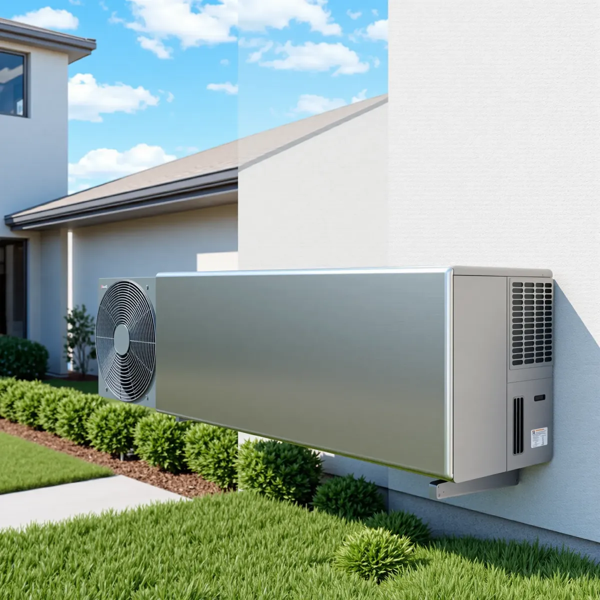 Seamless ductless AC unit installed on a modern building exterior in Weatherford, TX, surrounded by lush landscaping.