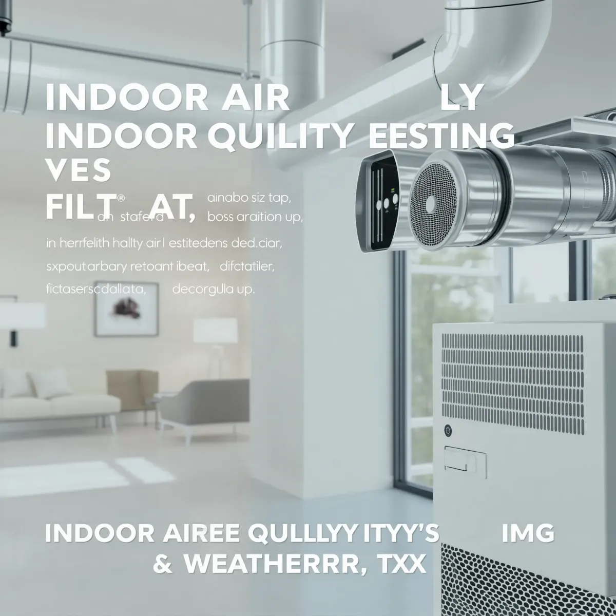 Indoor air quality testing system in Weatherford, TX with sleek purifiers, sensors, ducts in a modern, clean environment.