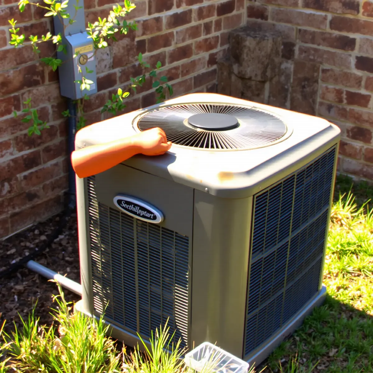 Air conditioning technician tuning up a unit outside a house in Weatherford, TX, during sunny daytime.