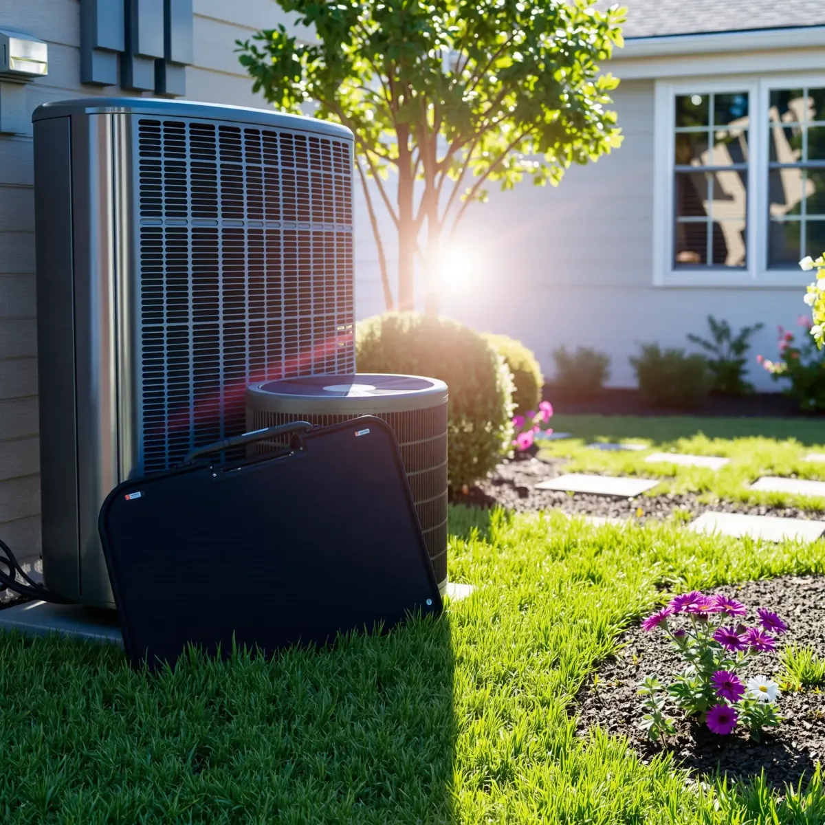 Well-maintained outdoor AC unit on a suburban home with lush backyard, toolkit nearby, clean and professional setting.