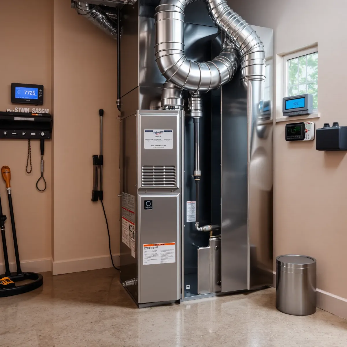 Well-lit modern utility room with a repaired furnace, sleek ductwork, labeled parts, tools, and a digital thermostat.