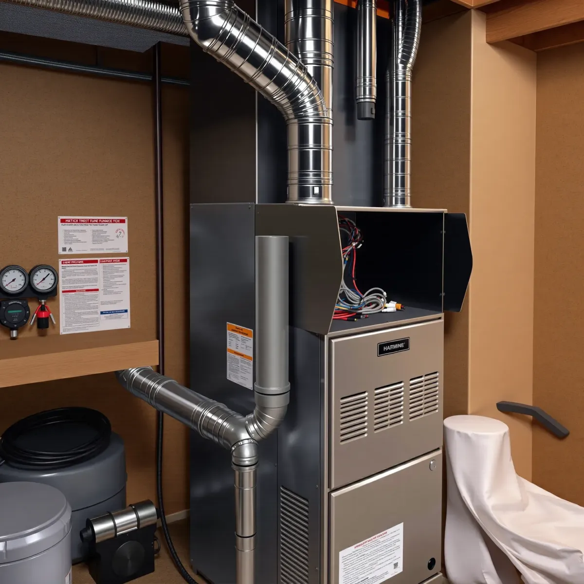 Completed residential furnace tune-up in Weatherford, TX, showcasing a clean, well-maintained modern furnace in a professional basement.