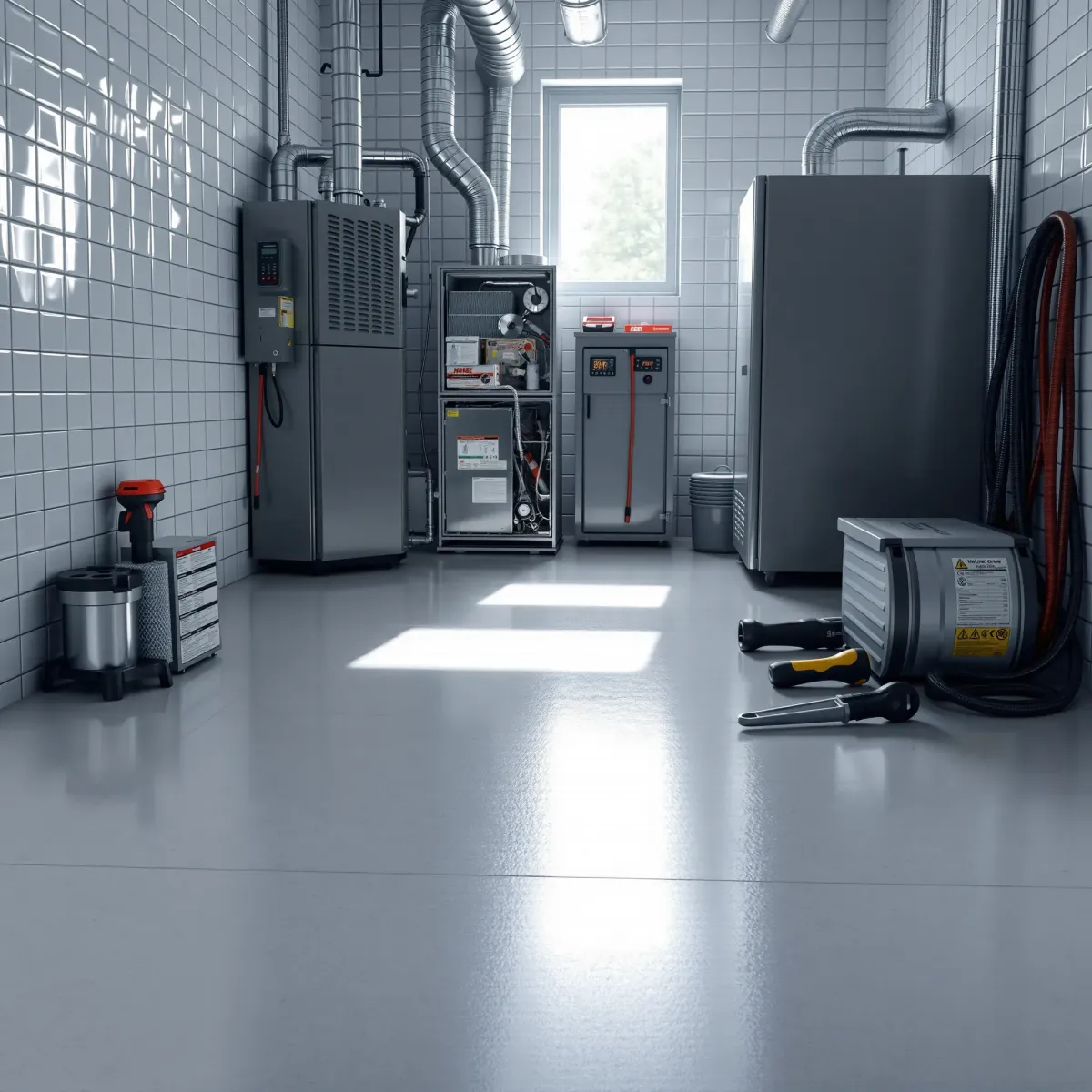 Neatly maintained, recently serviced furnace in a clean, bright utility room with organized tools, filters, and safety labels.