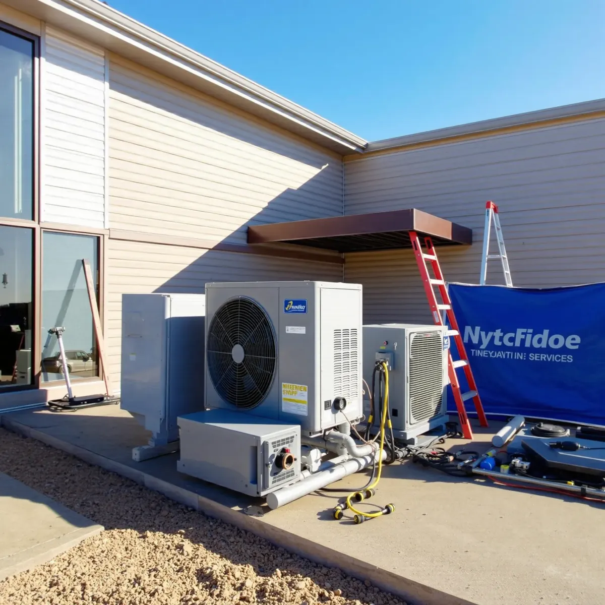 Commercial HVAC installation in Weatherford, TX with a large rooftop AC unit, ductwork, tools, and safety equipment outdoors.