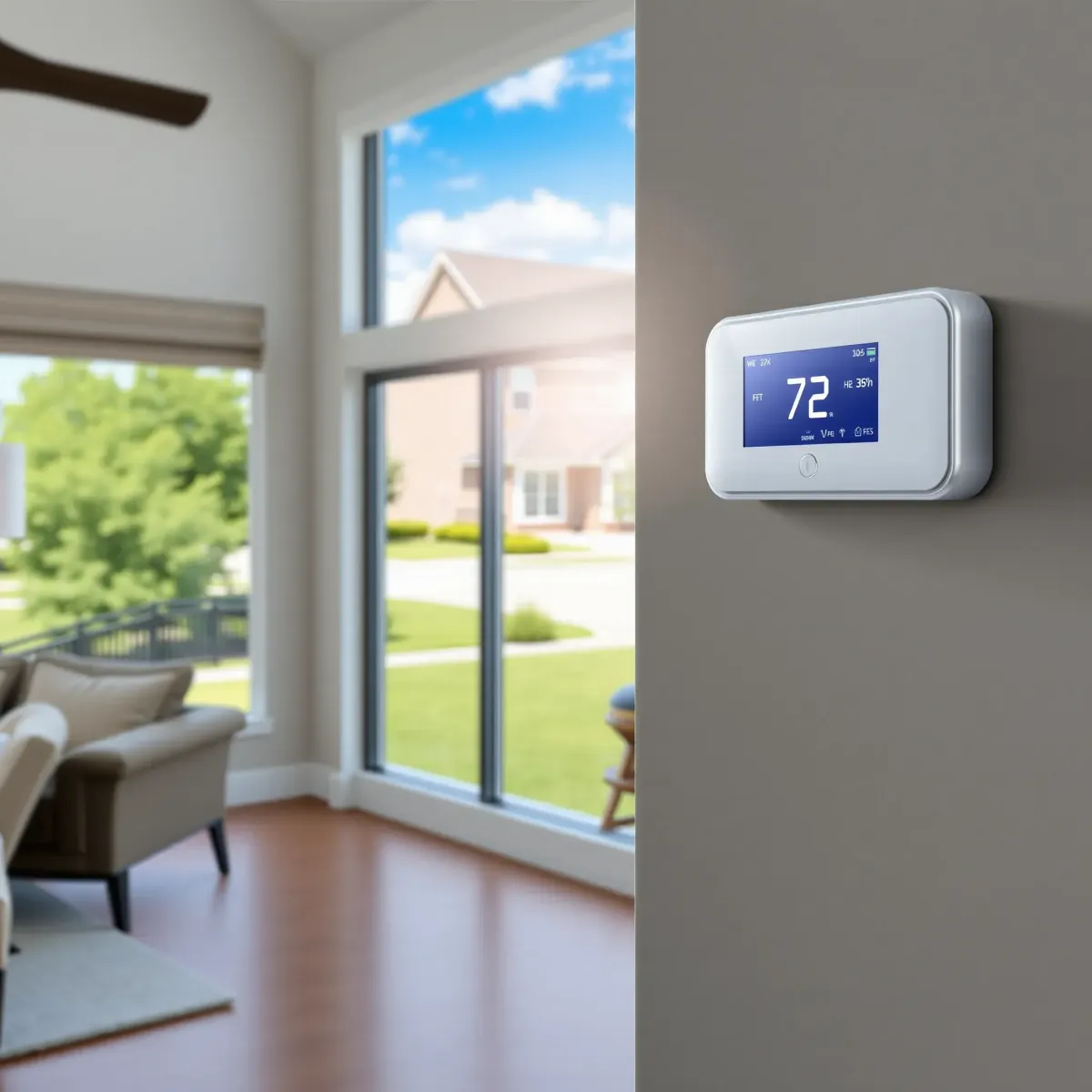 Close-up of a modern thermostat on a clean wall in a sunny suburban home interior, showcasing sleek design and neat wiring.