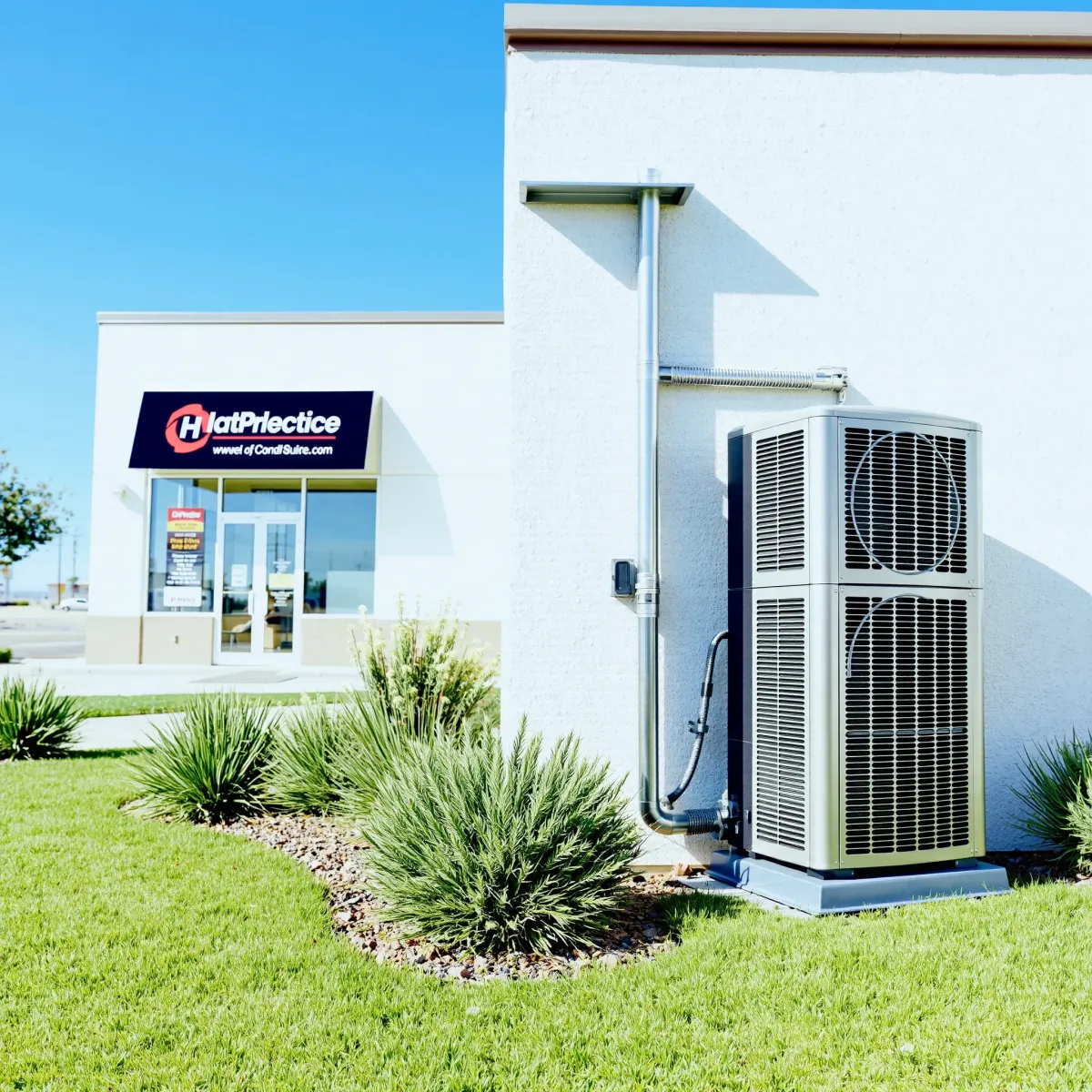 Professional HVAC repair scene in Weatherford, TX with maintained units, detailed textures, greenery, and commercial building exterior.