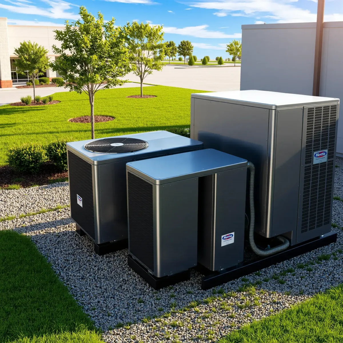 Outdoor commercial HVAC system in Weatherford, TX, with detailed metallic units, landscaped grounds, and clear blue sky.