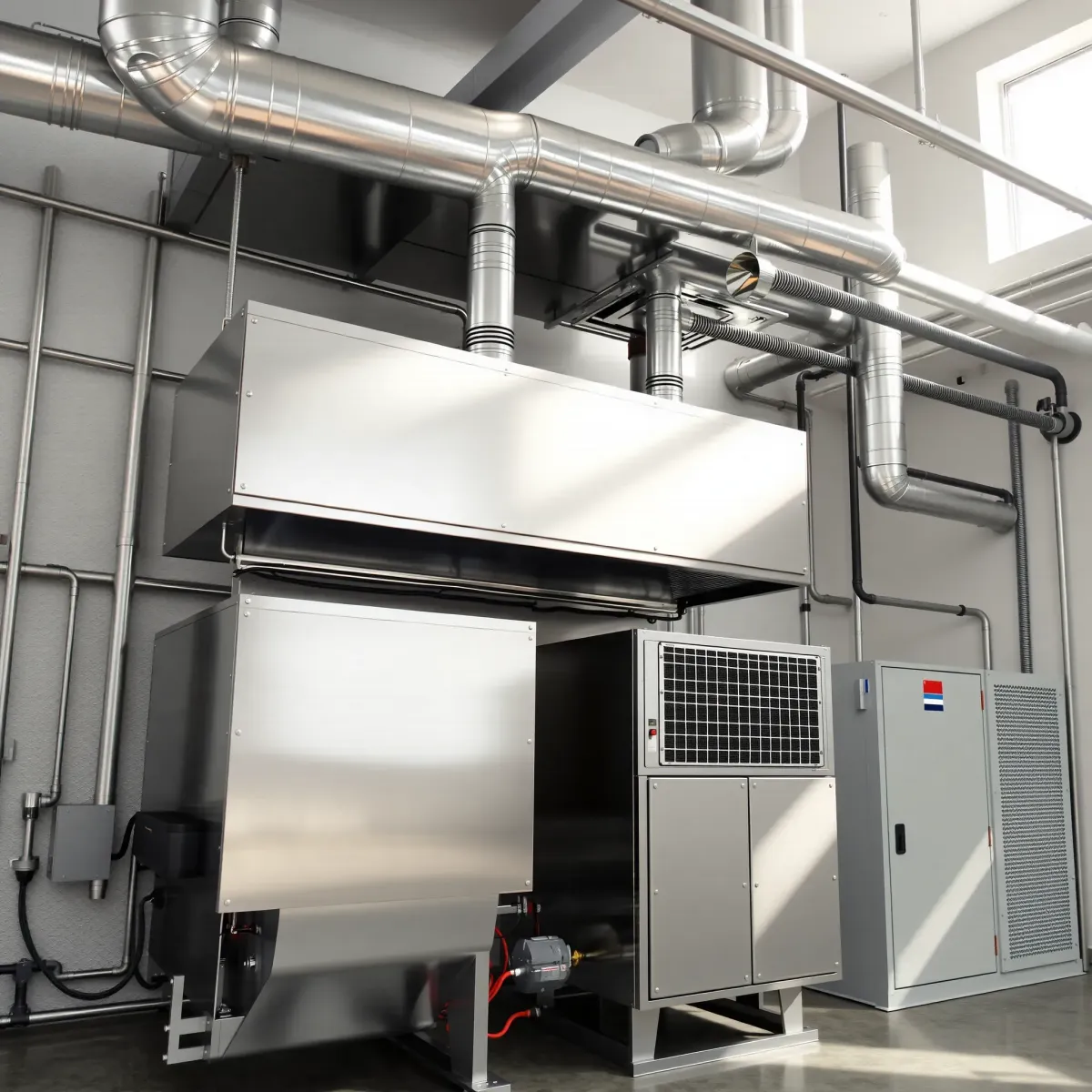 Commercial HVAC system in Weatherford, TX, featuring large air handlers, ductwork, vents, control panels, in a modern industrial setting.