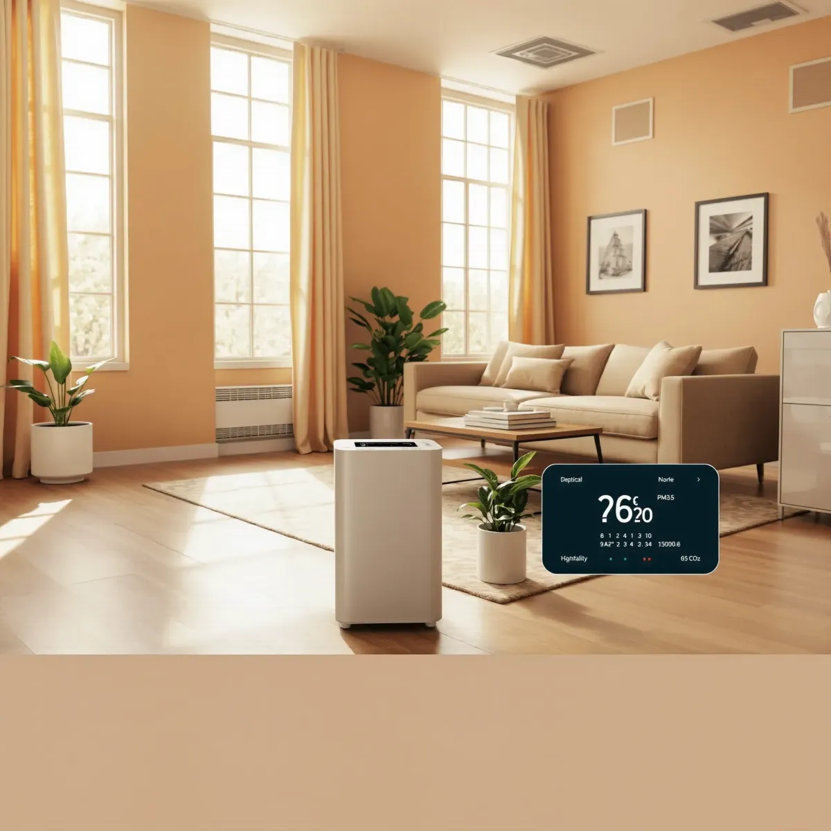 Modern interior with air purifier, digital air quality monitor, indoor plants, and bright natural lighting in Weatherford, TX home.