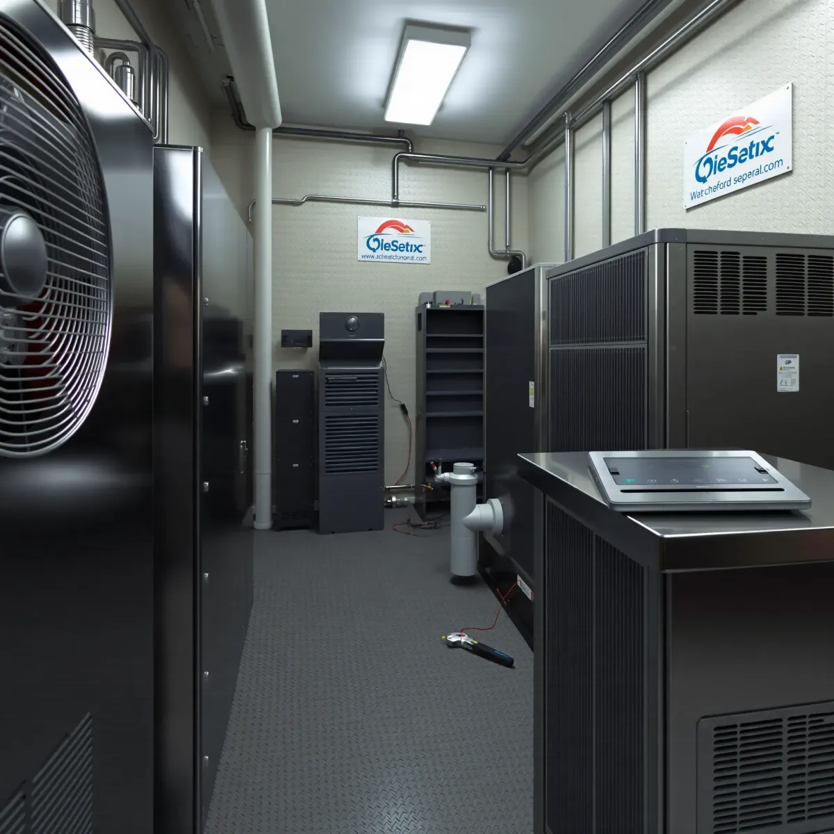 Professional commercial HVAC repair scene in Weatherford, TX showing modern machinery, diagnostic tools, organized utility room.