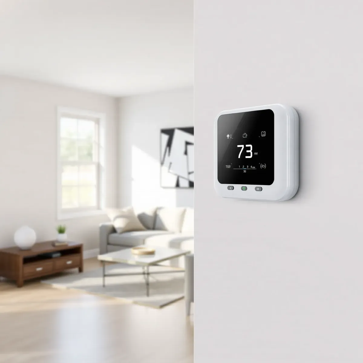 Modern digital thermostat on a neutral wall in a bright, stylish home with cozy living room decor and natural sunlight.