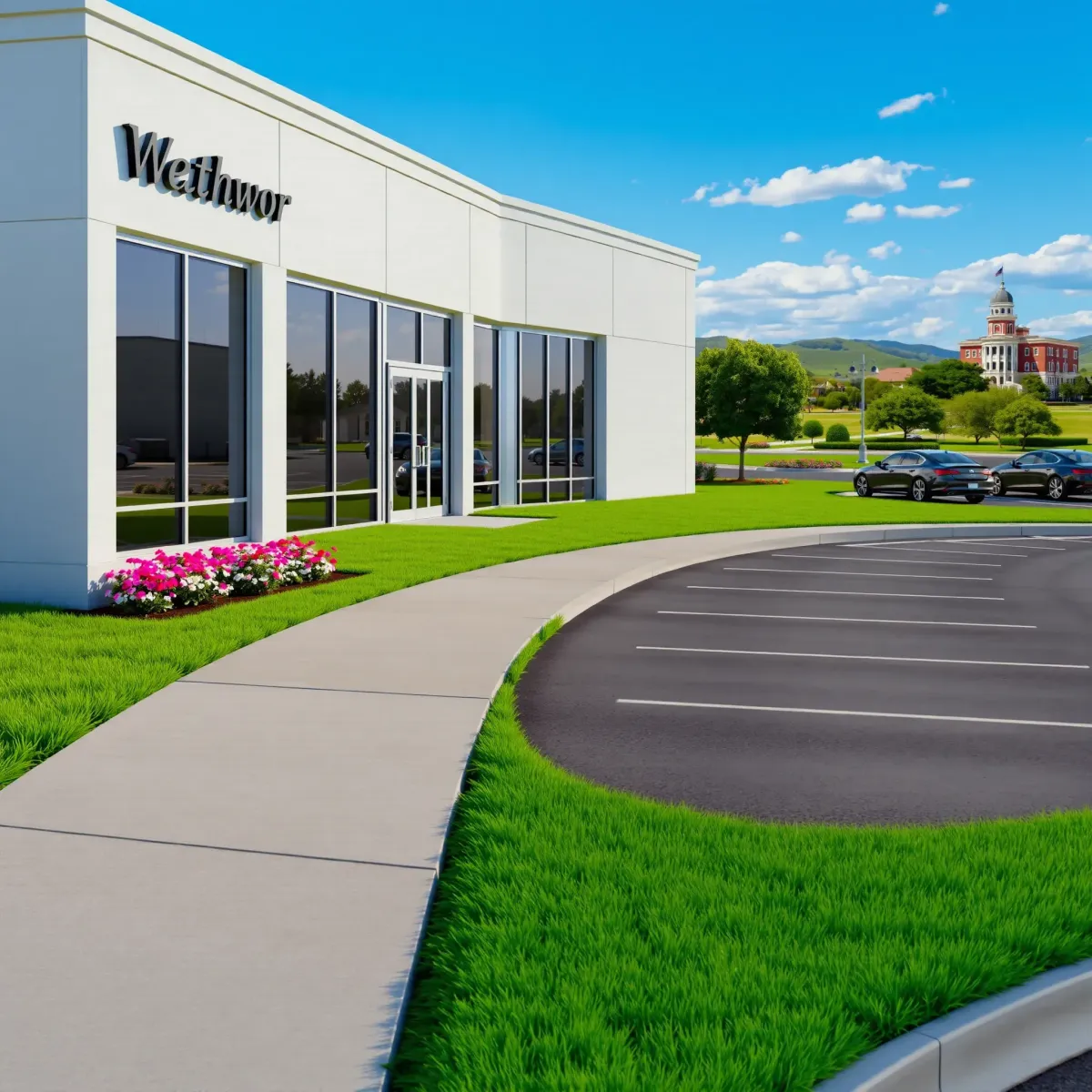 Modern Weatherford business building with glass facade, landscaped lawn, parking lot, and historic courthouse in background.