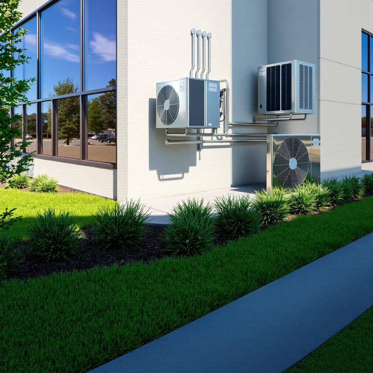 Recently installed commercial HVAC system on building exterior in Weatherford, TX with landscaped surroundings and modern architecture.