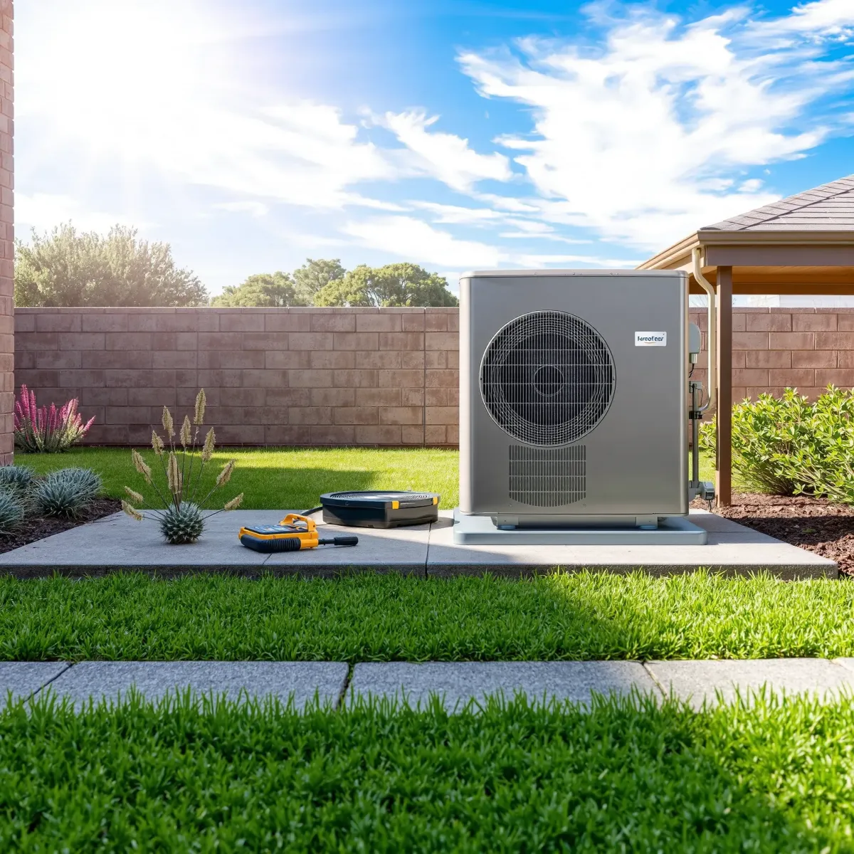 Freshly serviced outdoor AC unit on a clean pad in a lush Texas yard under a bright sky, showing expert maintenance and reliability.