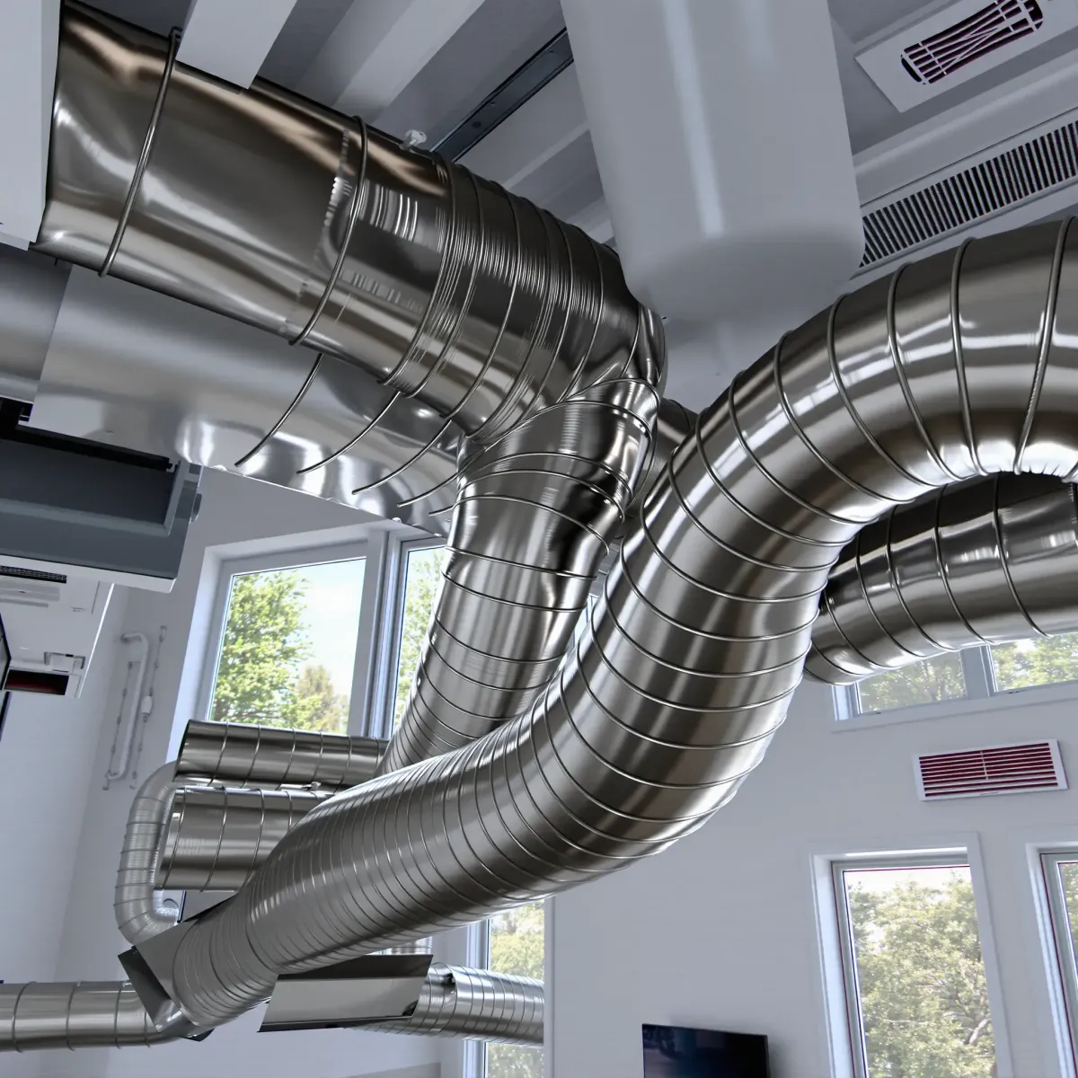 Pristine stainless steel HVAC air duct system in a clean, modern Texas home or office, showcasing quality and efficiency.
