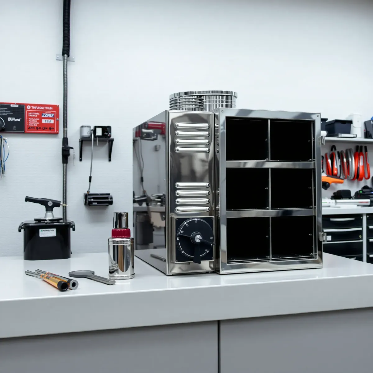 Well-lit workshop with a new, polished furnace, neat tools, and equipment on a clean workbench, showcasing professional service.