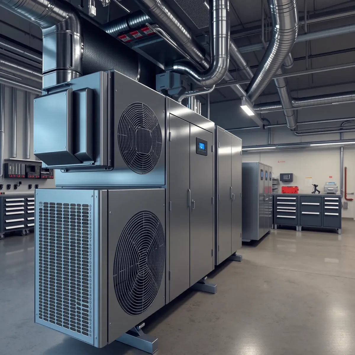 Modern commercial HVAC system installation in a clean, organized mechanical room with digital controls and metallic textures.
