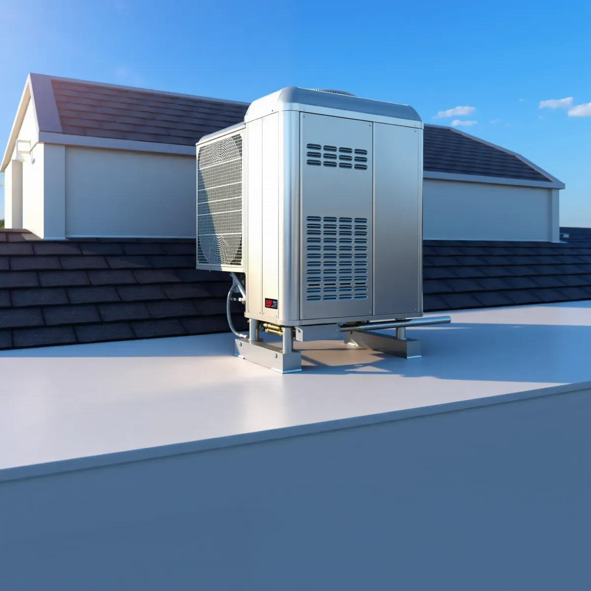 Commercial HVAC unit on a rooftop in Weatherford, TX, showcasing high-efficiency, polished metal, and professional installation details.