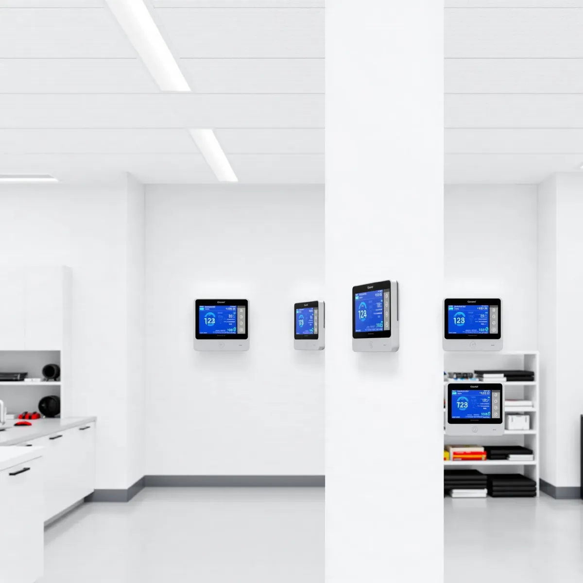 Modern digital thermostats with vibrant screens on a sleek wall in a professional HVAC showroom in Weatherford, TX.