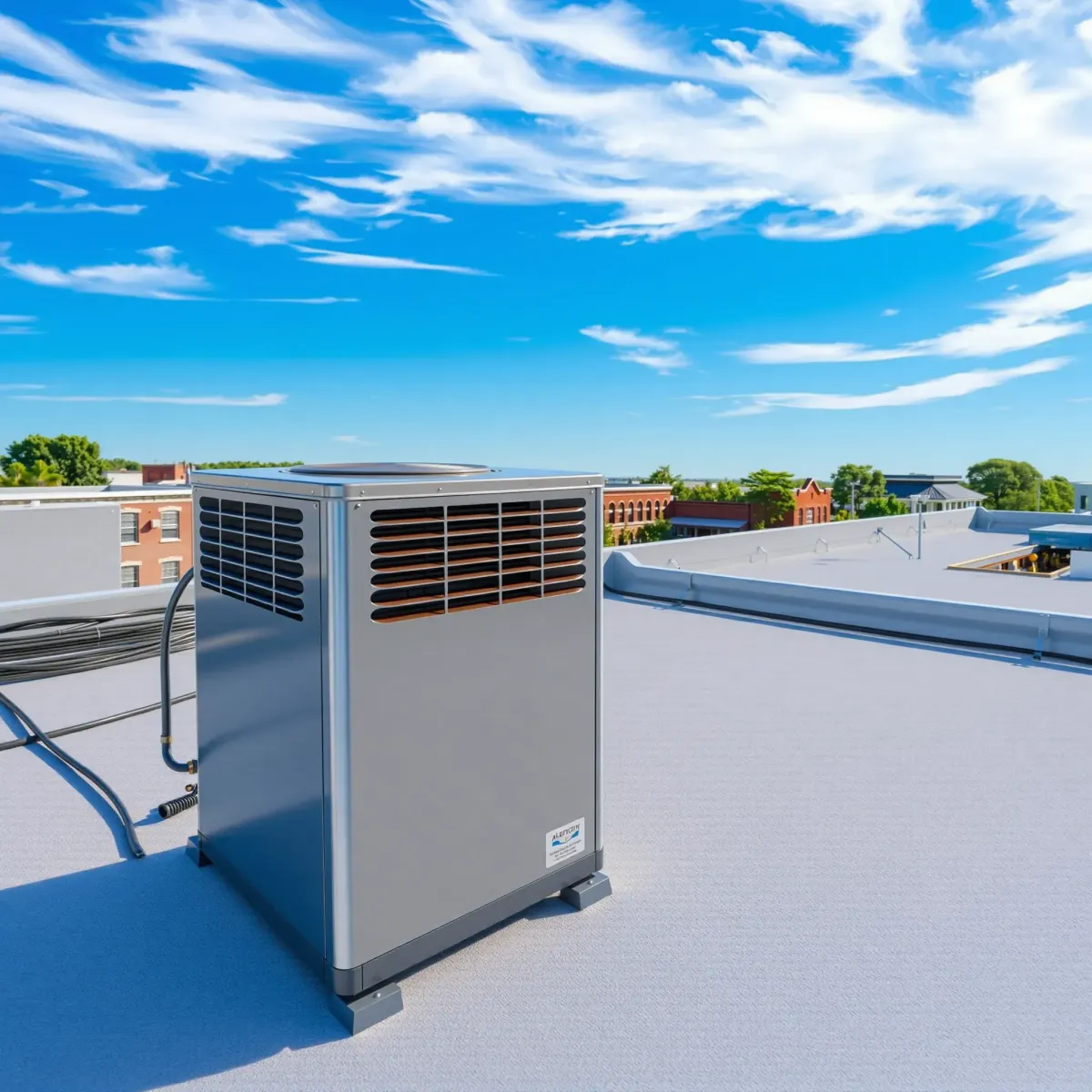 Newly installed commercial air conditioning unit on a clean Weatherford, TX roof with historic townscape background.