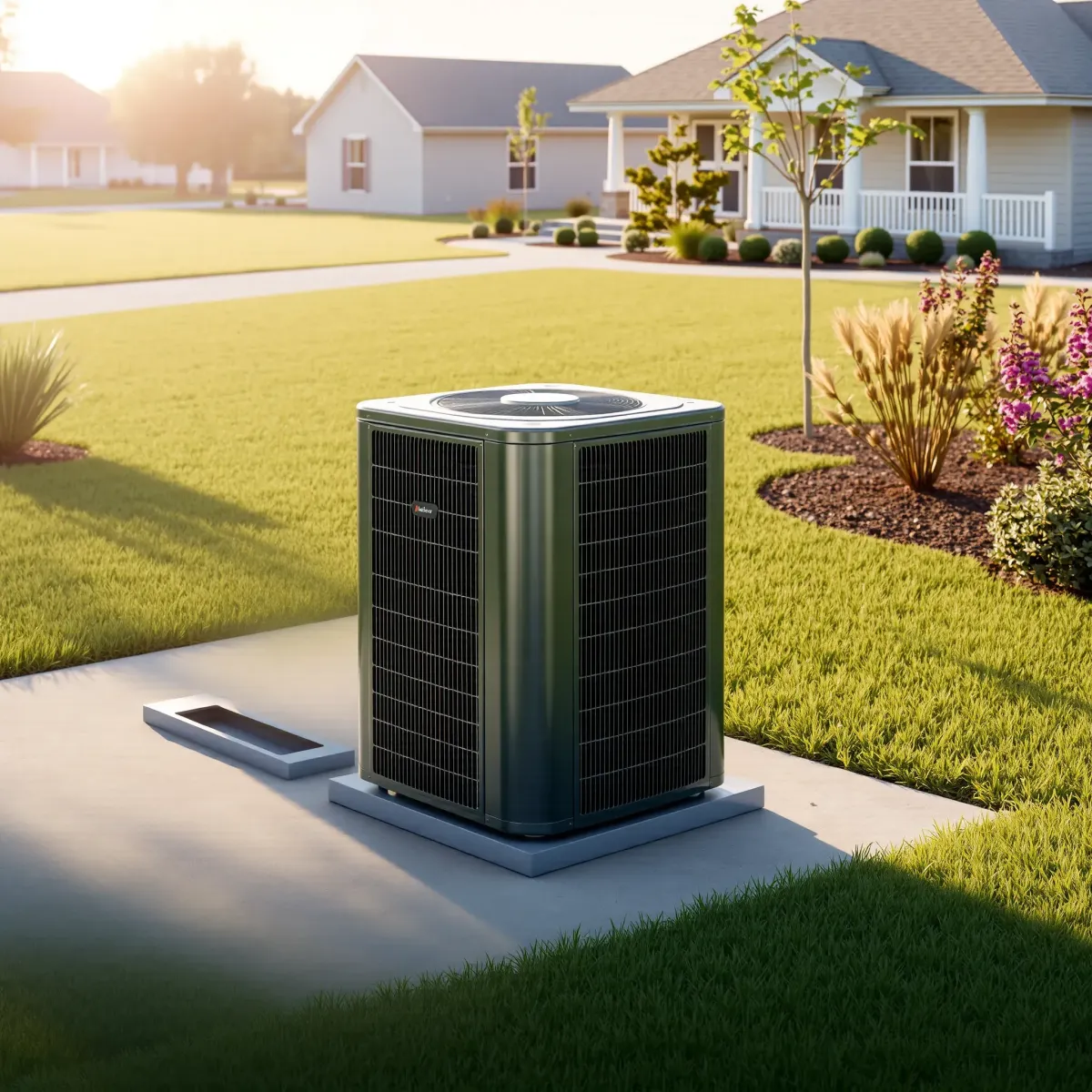 Outdoor heat pump in Weatherford, TX, installed on a concrete pad amid lush landscaping and Texas-style homes.
