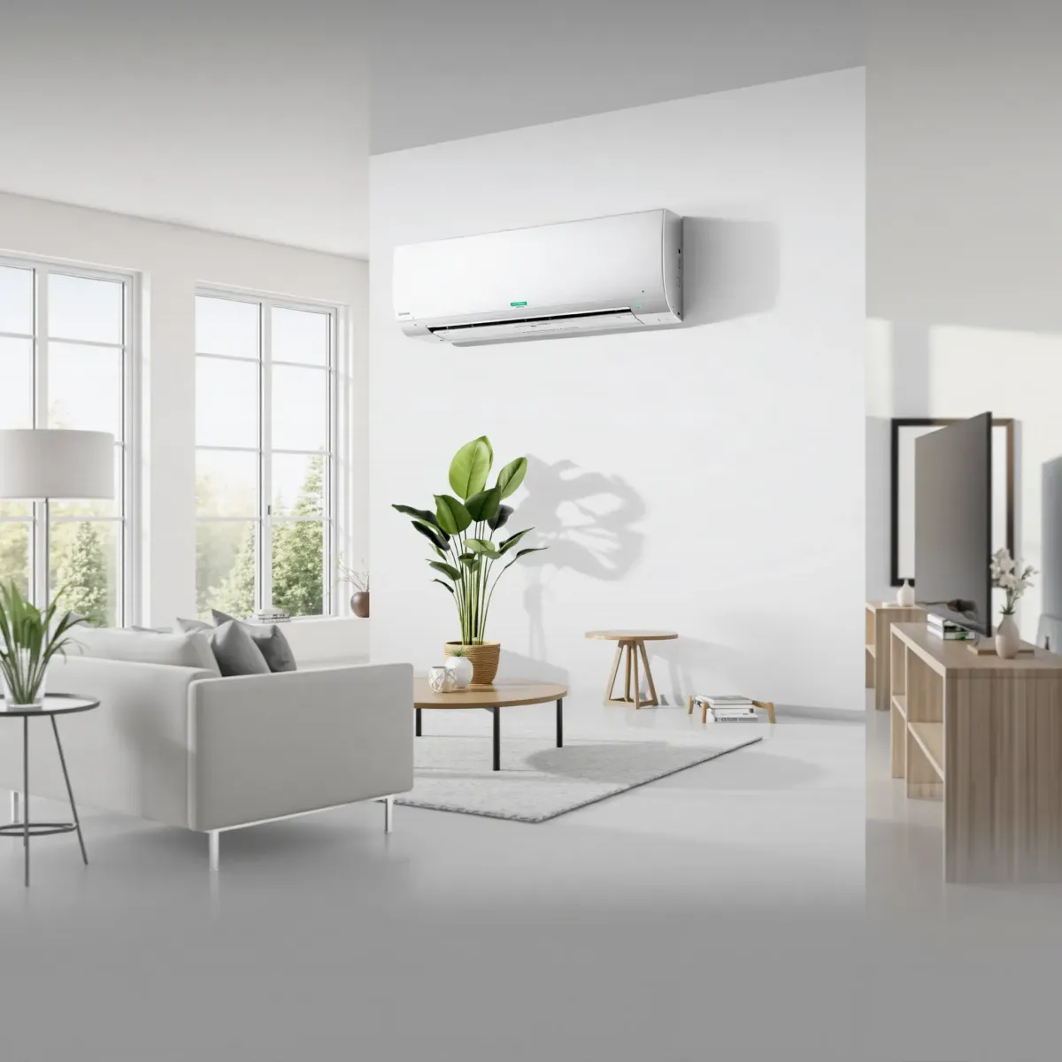 Ductless air conditioning unit installed in a modern, well-lit living room in Weatherford, TX, blending sleek design with home comfort.