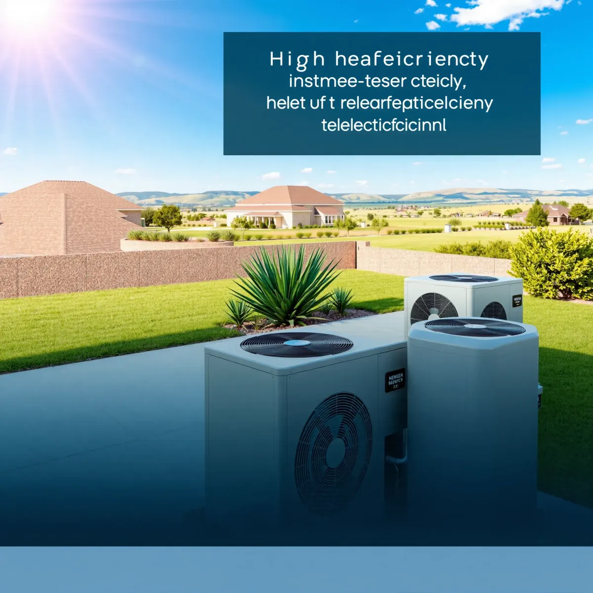 Row of sleek, high-efficiency heat pumps installed outdoors in Texas, surrounded by green grass and native plants.