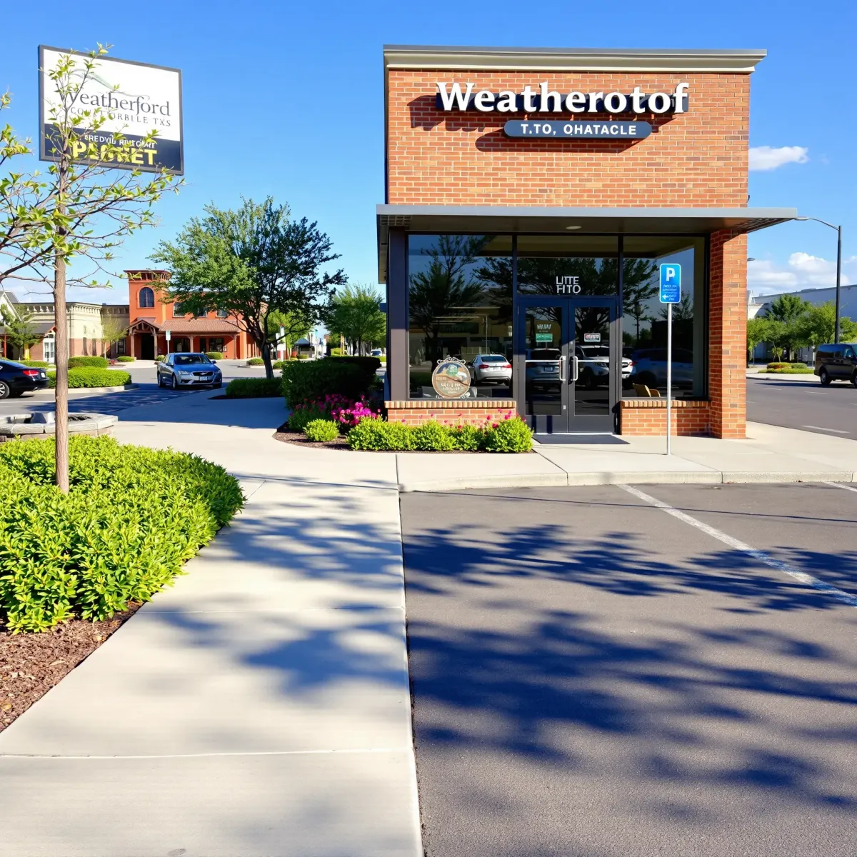 Modern Weatherford storefront with brick façade, lush landscaping, glass windows, and sunny parking lot.