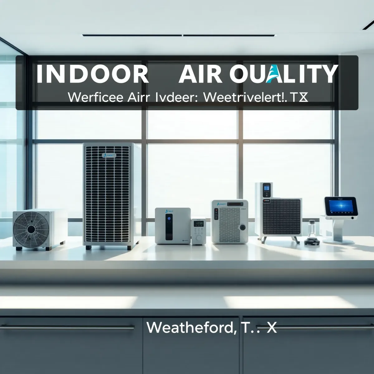 Indoor air quality service workspace in Weatherford, TX, featuring modern air purifiers, filters, humidifiers, and monitors.