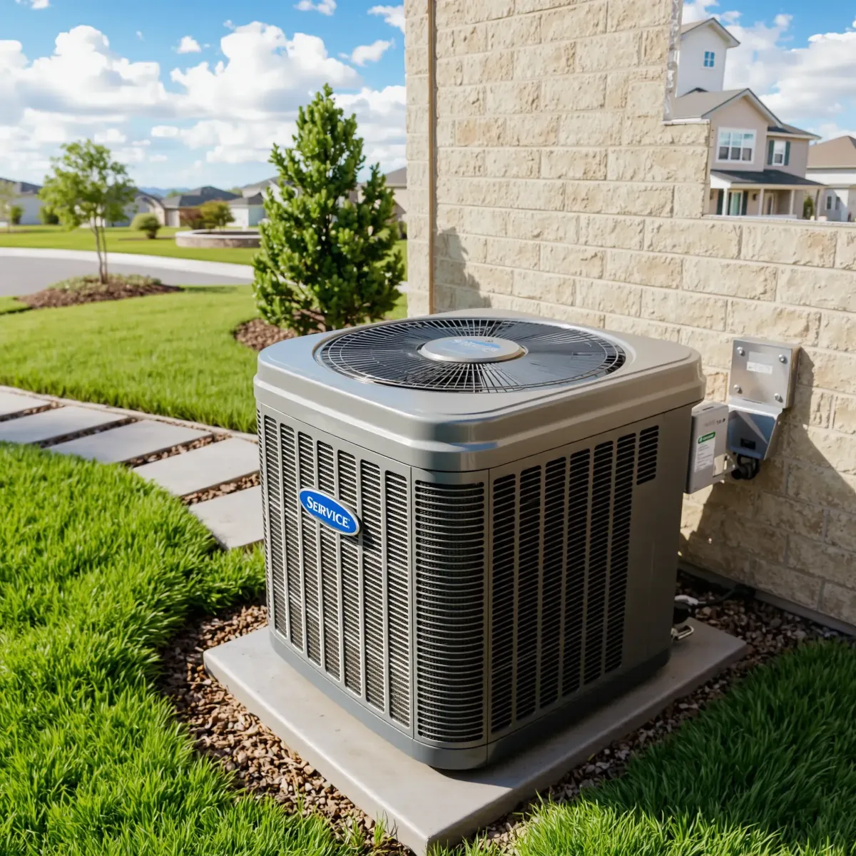Freshly serviced outdoor AC unit in Weatherford, TX, surrounded by lush greenery and a sunny suburban scene.